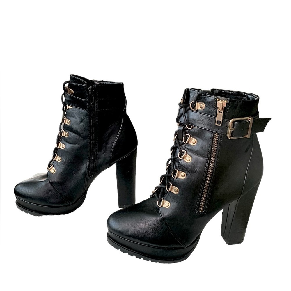 Black & Gold lace up bootie with Zipper high heels boots - Picture 3 of 16